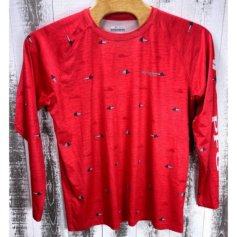 Columbia PFG Mens XL Red American Flag Fish Print Long Sleeve Fishing Shirt
